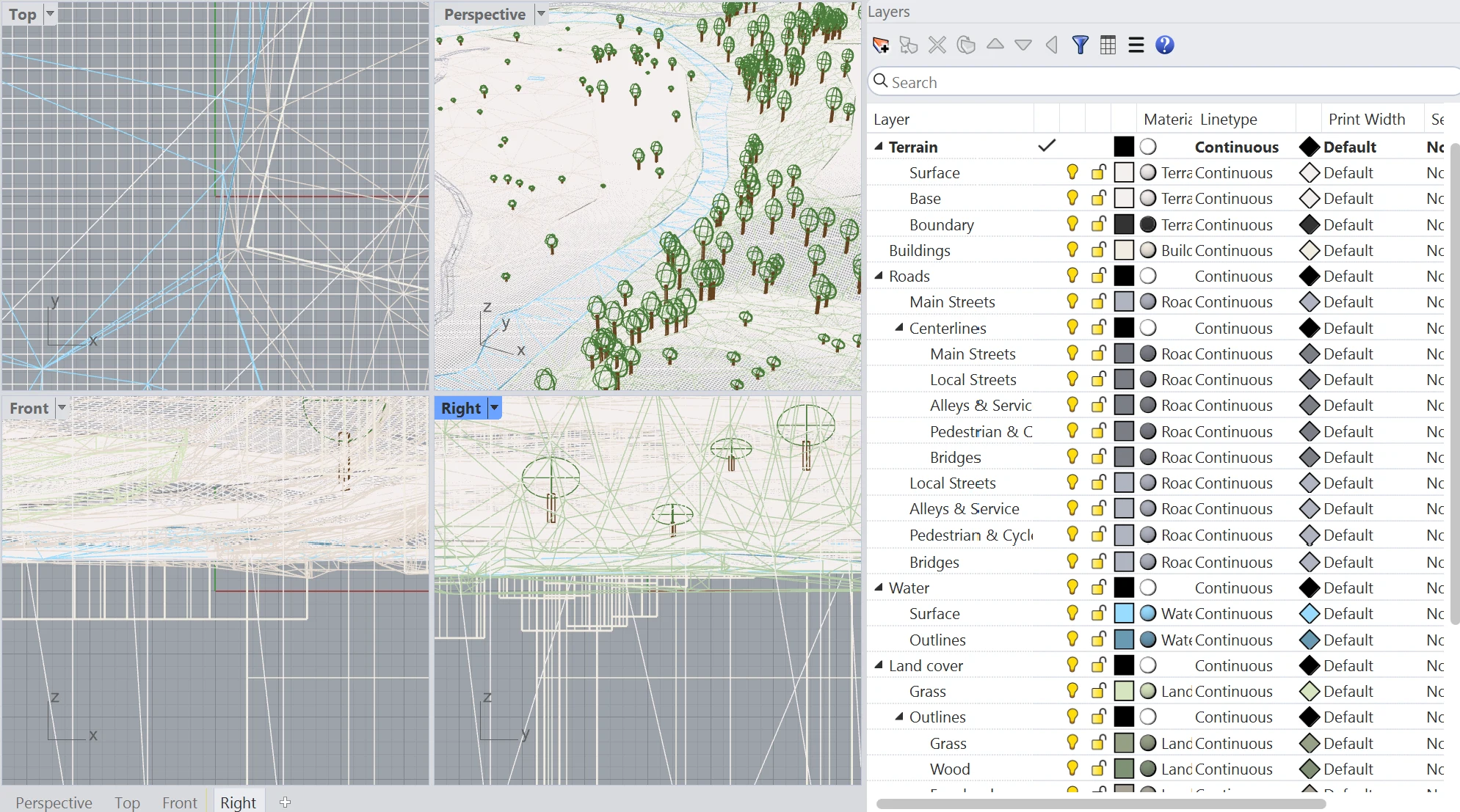 Layer tree in Rhino after importing a .3dm map, with terrain, buildings, roads, water and land cover as nested layers